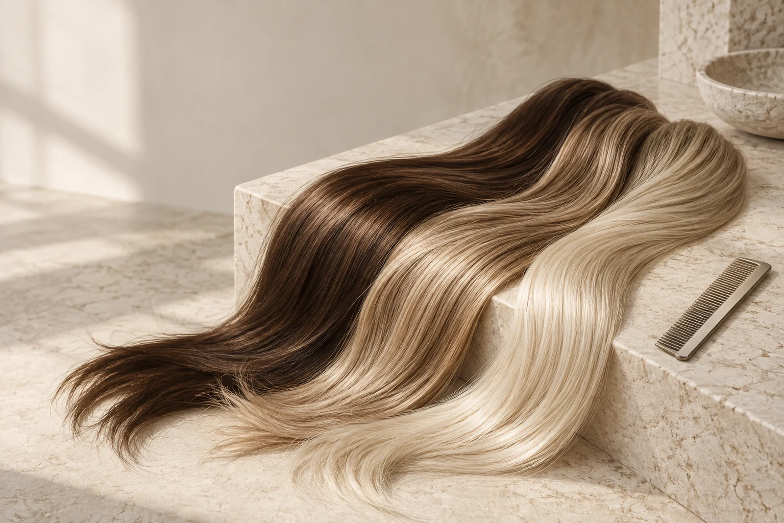 Editorial concept of brunette and blonde hair textures